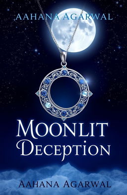 A captivating book cover design for 'Moonlit Deception' by Aahana Agarwal, featuring an intricate moon pendant as the central element