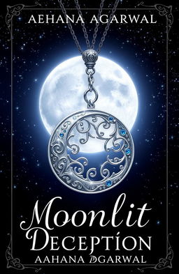 A captivating book cover design for 'Moonlit Deception' by Aahana Agarwal, featuring an intricate moon pendant as the central element