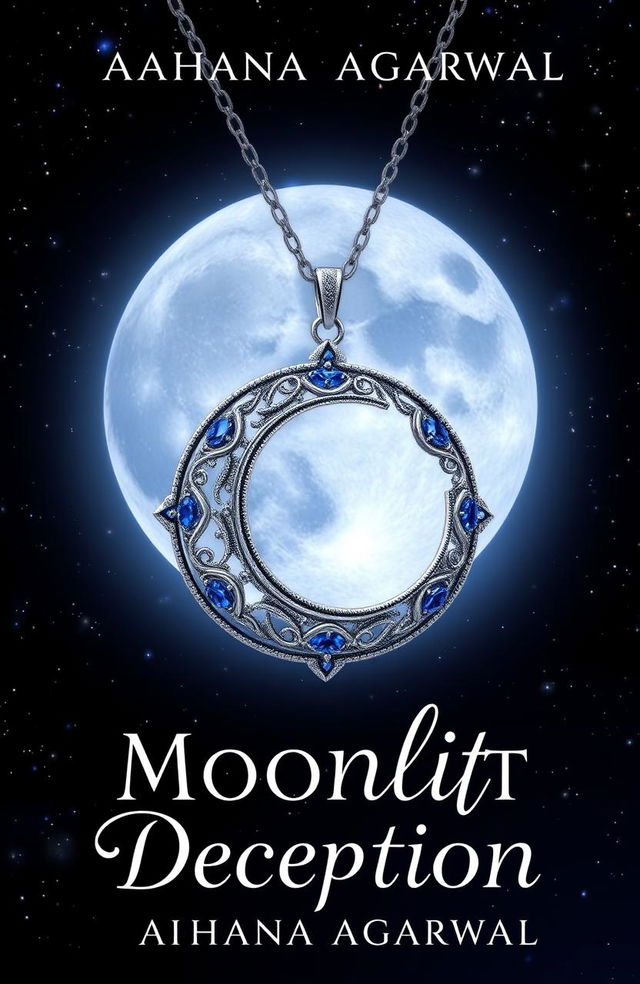 A captivating book cover design for 'Moonlit Deception' by Aahana Agarwal, featuring an intricate moon pendant as the central element