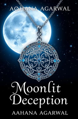 A captivating book cover design for 'Moonlit Deception' by Aahana Agarwal, featuring an intricate moon pendant as the central element