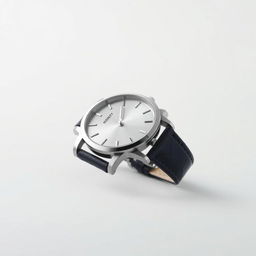 A sleek, modern wristwatch with a minimalist design, showcasing a round face with a silver bezel and a dark blue leather strap
