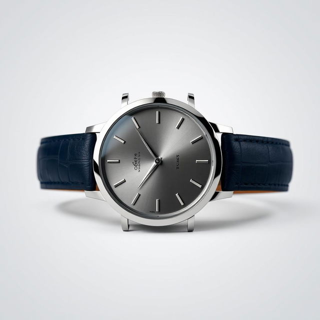 A sleek, modern wristwatch with a minimalist design, showcasing a round face with a silver bezel and a dark blue leather strap