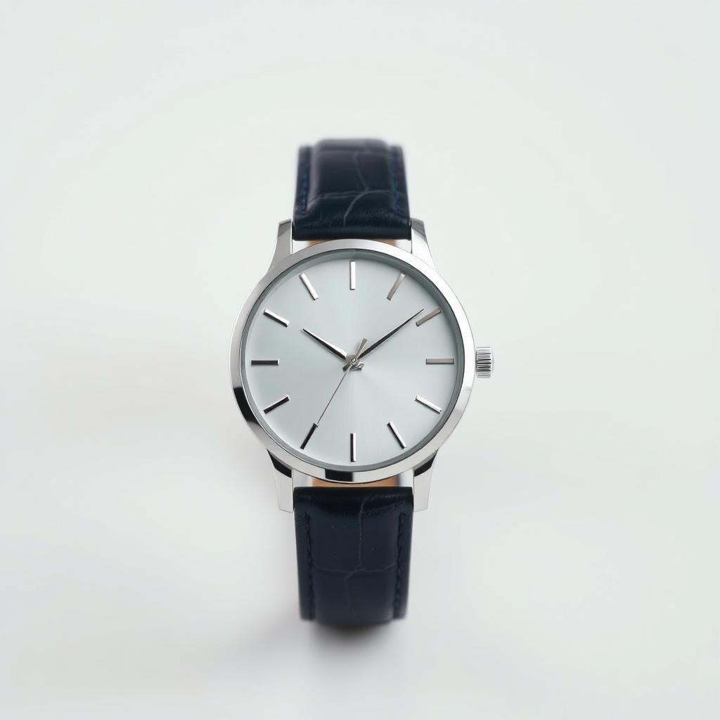 A sleek, modern wristwatch with a minimalist design, showcasing a round face with a silver bezel and a dark blue leather strap