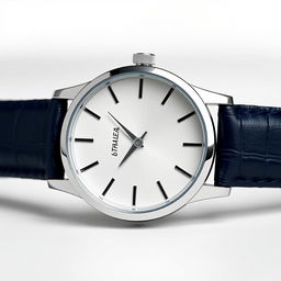 A sleek, modern wristwatch with a minimalist design, showcasing a round face with a silver bezel and a dark blue leather strap