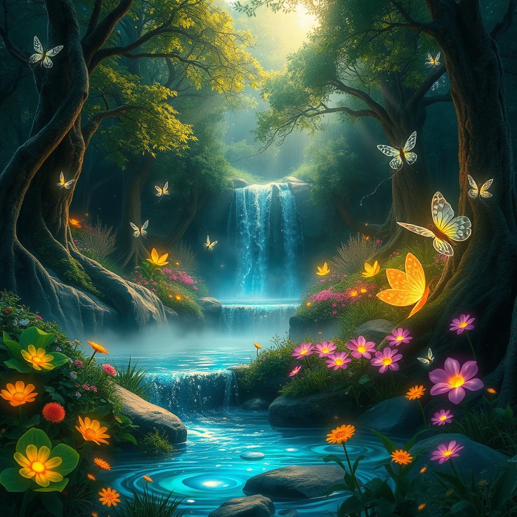 A whimsical and enchanting forest filled with vibrant, glowing plants and mythical creatures