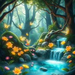 A whimsical and enchanting forest filled with vibrant, glowing plants and mythical creatures