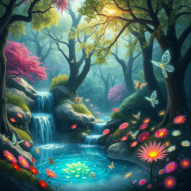 A whimsical and enchanting forest filled with vibrant, glowing plants and mythical creatures