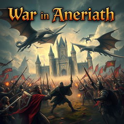 A large medieval fantasy battle scene with warriors clashing, swords raised, and shields held high, set against a grand castle in the background