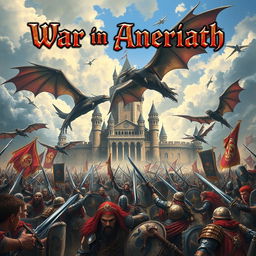 A large medieval fantasy battle scene with warriors clashing, swords raised, and shields held high, set against a grand castle in the background