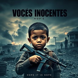 A movie poster for 'Voces Inocentes', featuring a child soldier in a war-torn setting, holding a toy gun, with a backdrop of a devastated village and dark, smoky skies