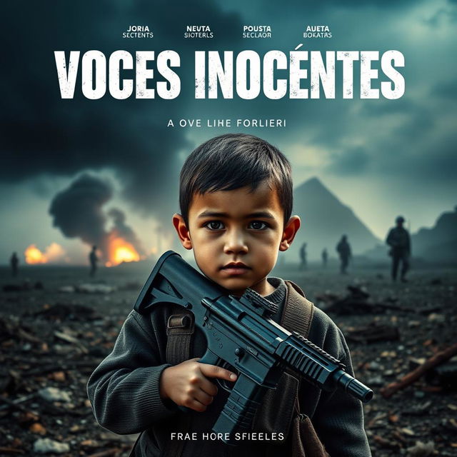 A movie poster for 'Voces Inocentes', featuring a child soldier in a war-torn setting, holding a toy gun, with a backdrop of a devastated village and dark, smoky skies