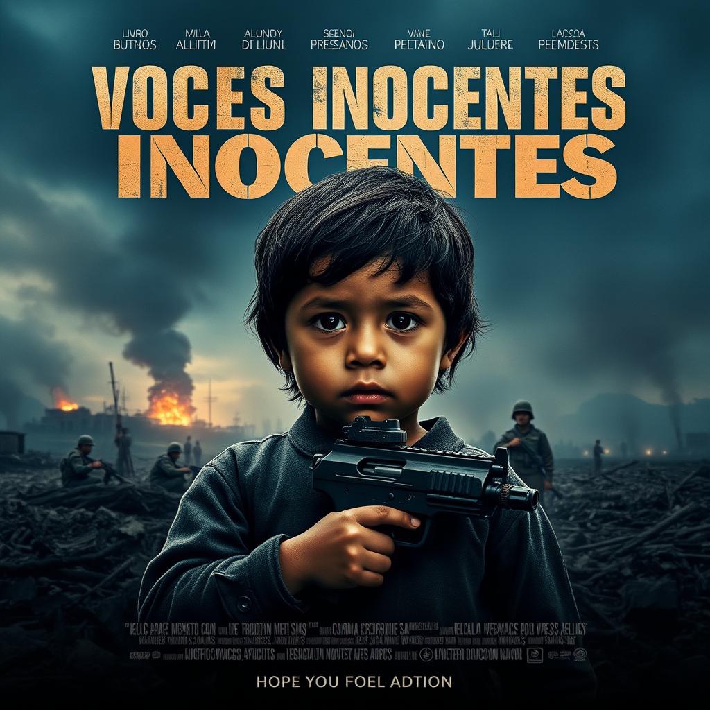 A movie poster for 'Voces Inocentes', featuring a child soldier in a war-torn setting, holding a toy gun, with a backdrop of a devastated village and dark, smoky skies