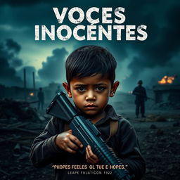 A movie poster for 'Voces Inocentes', featuring a child soldier in a war-torn setting, holding a toy gun, with a backdrop of a devastated village and dark, smoky skies