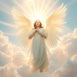 A celestial, ethereal angel with majestic white wings, halo glowing softly above its head
