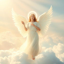 A celestial, ethereal angel with majestic white wings, halo glowing softly above its head