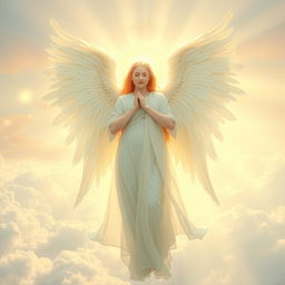 A celestial, ethereal angel with majestic white wings, halo glowing softly above its head