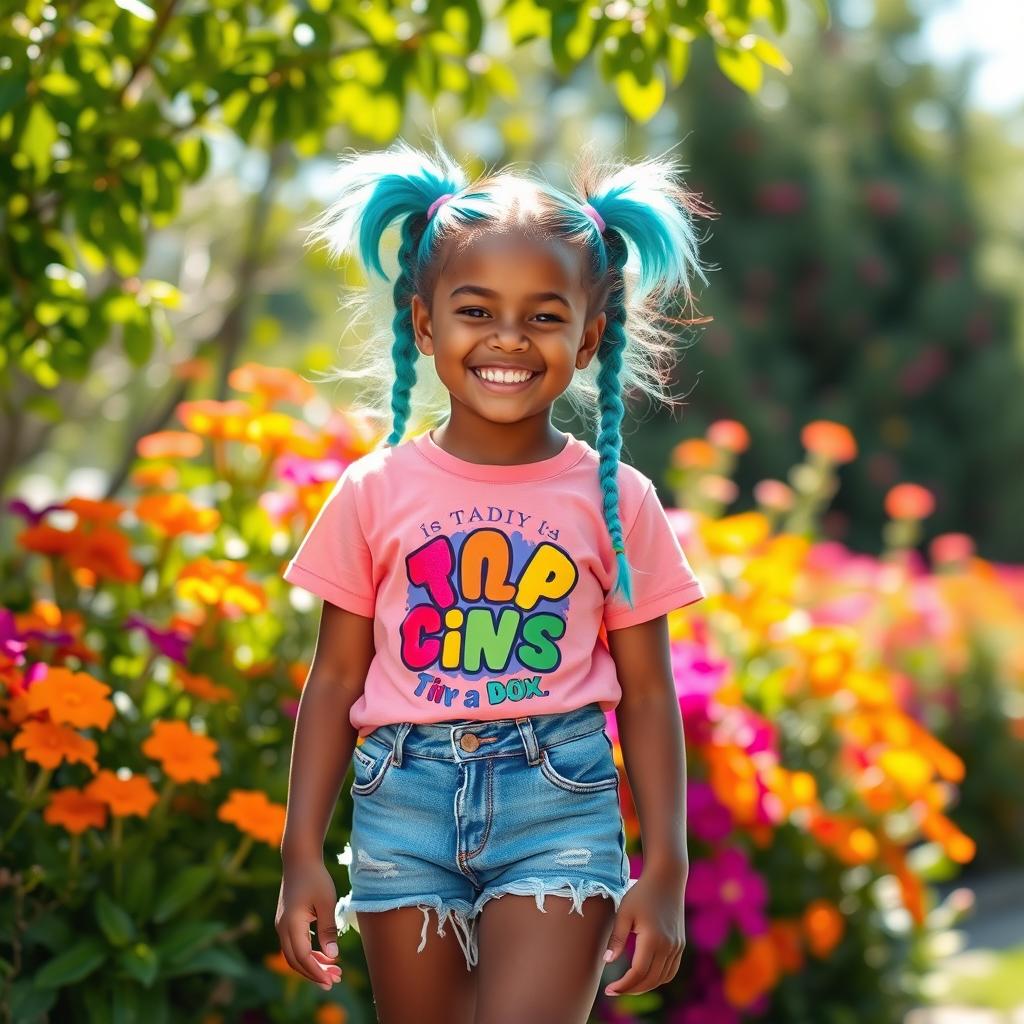 A girl with brownish skin and bright teal pigtails, smiling joyfully in a vibrant outdoor setting