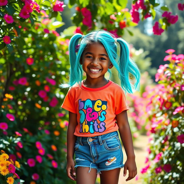 A girl with brownish skin and bright teal pigtails, smiling joyfully in a vibrant outdoor setting