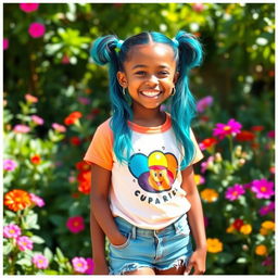 A girl with brownish skin and bright teal pigtails, smiling joyfully in a vibrant outdoor setting