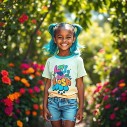A girl with brownish skin and bright teal pigtails, smiling joyfully in a vibrant outdoor setting
