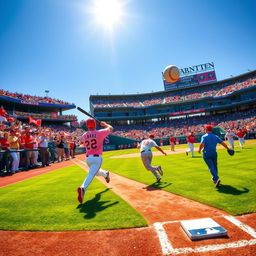 A vibrant scene of a baseball game in action, showcasing players in colorful jerseys and caps, energetically running around the diamond with the sun shining brightly overhead