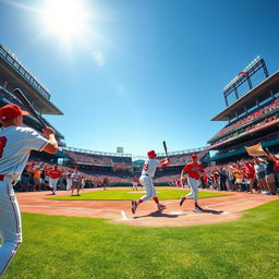 A vibrant scene of a baseball game in action, showcasing players in colorful jerseys and caps, energetically running around the diamond with the sun shining brightly overhead