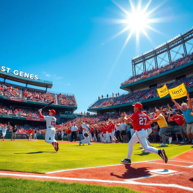 A vibrant scene of a baseball game in action, showcasing players in colorful jerseys and caps, energetically running around the diamond with the sun shining brightly overhead