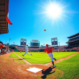 A vibrant scene of a baseball game in action, showcasing players in colorful jerseys and caps, energetically running around the diamond with the sun shining brightly overhead