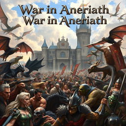 A large medieval fantasy battle scene in the background featuring a majestic castle