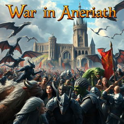 A large medieval fantasy battle scene in the background featuring a majestic castle