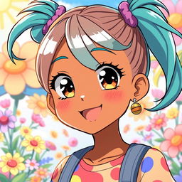 An anime-style illustration of a vibrant girl with brownish skin and bright teal pigtails