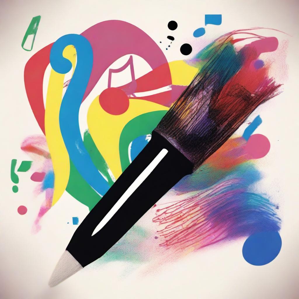 A paintbrush intertwined with musical notes, juxtaposed with a photo camera emitting vibrant melodies