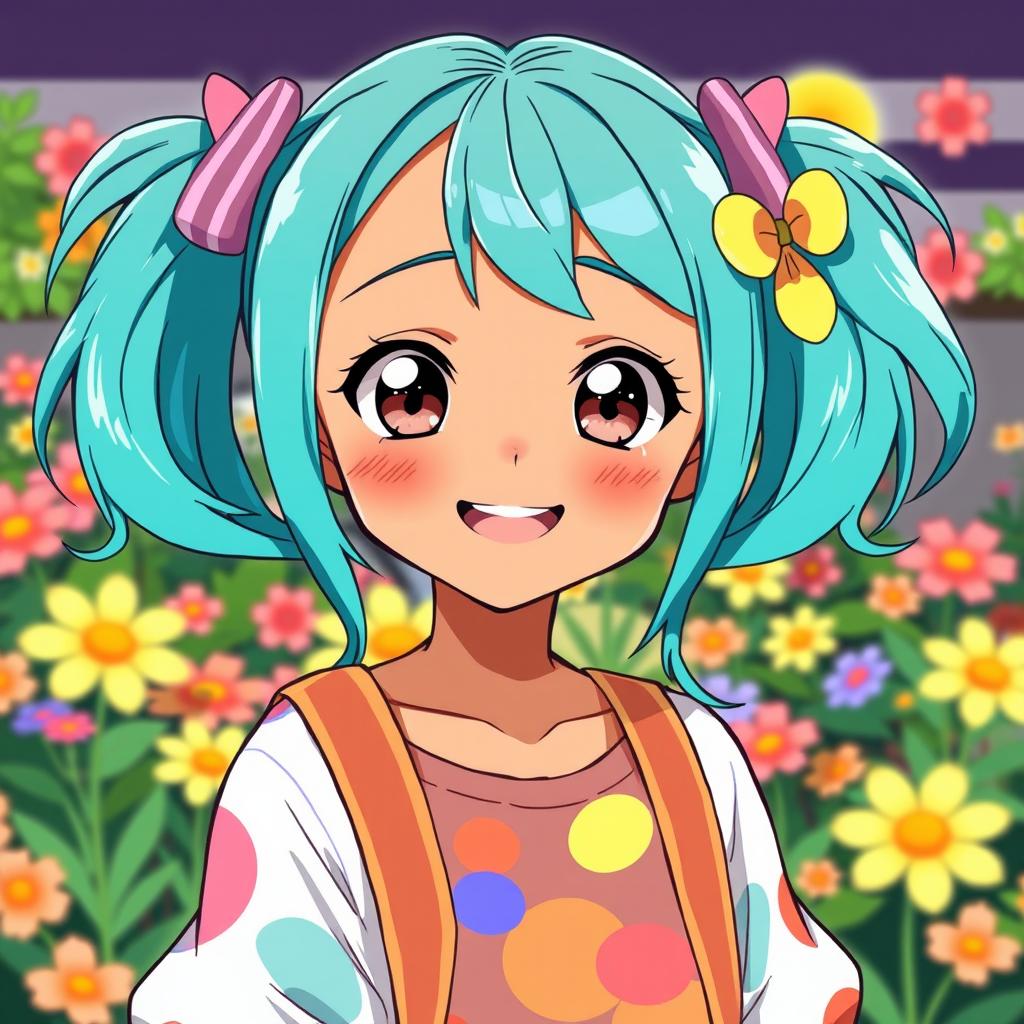 An anime-style illustration of a vibrant girl with brownish skin and bright teal pigtails