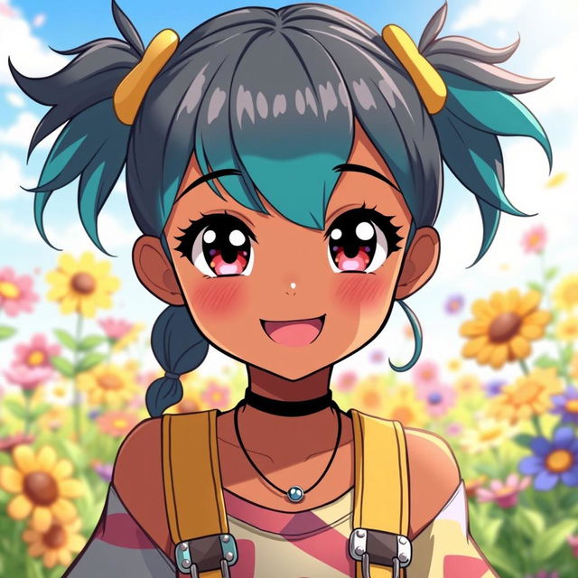 An anime-style illustration of a vibrant girl with brownish skin and bright teal pigtails