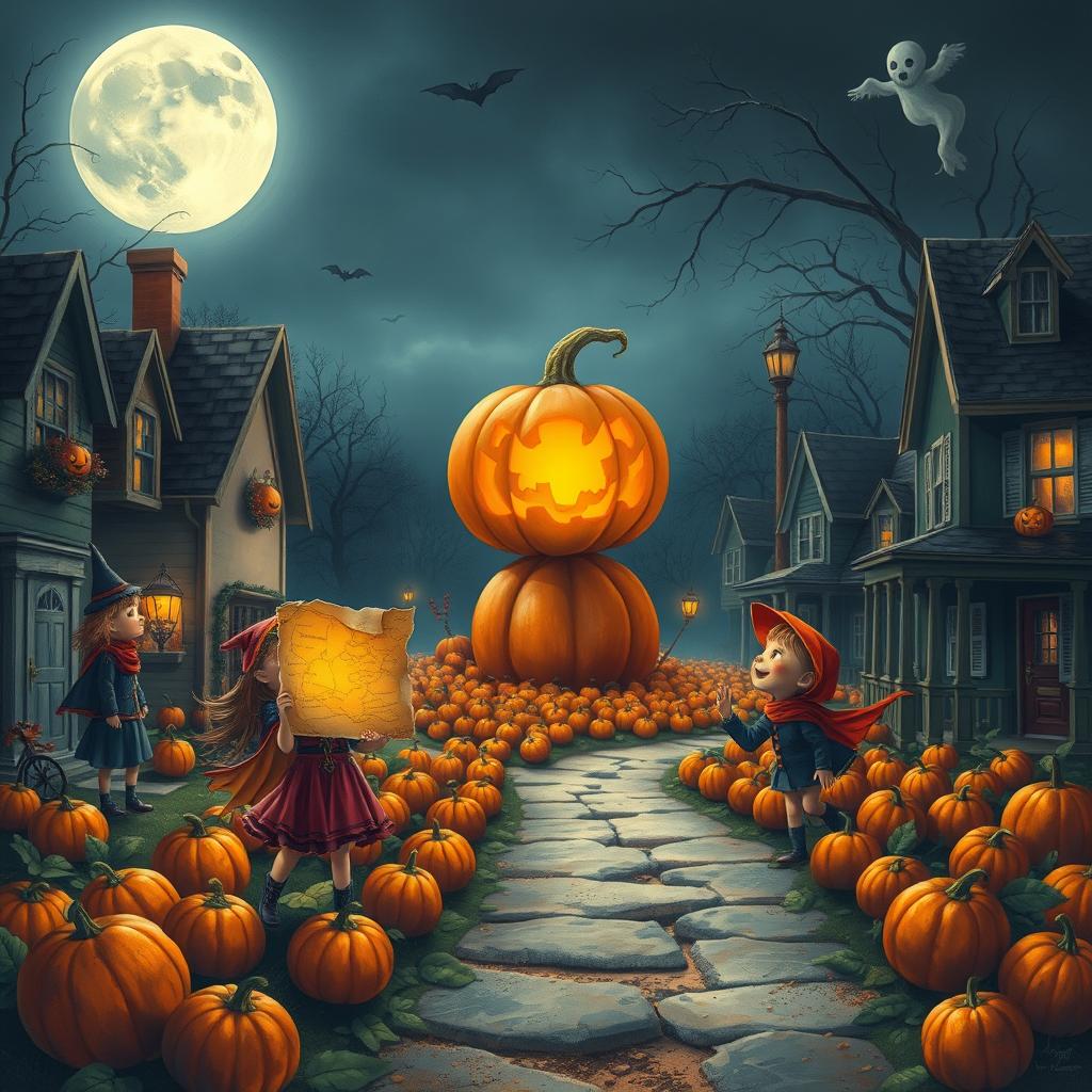 A whimsical Halloween scene featuring a group of young children dressed in colorful costumes, joyfully wandering through a quaint town under a moonlit sky