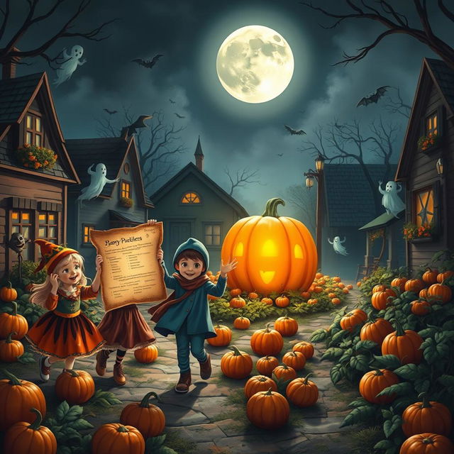 A whimsical Halloween scene featuring a group of young children dressed in colorful costumes, joyfully wandering through a quaint town under a moonlit sky