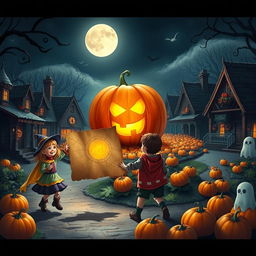 A whimsical Halloween scene featuring a group of young children dressed in colorful costumes, joyfully wandering through a quaint town under a moonlit sky