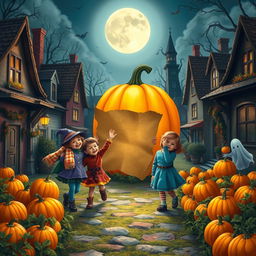 A whimsical Halloween scene featuring a group of young children dressed in colorful costumes, joyfully wandering through a quaint town under a moonlit sky