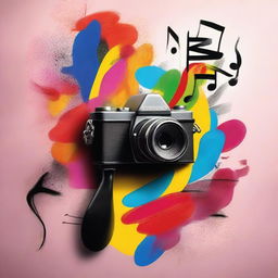 A paintbrush intertwined with musical notes, juxtaposed with a photo camera emitting vibrant melodies