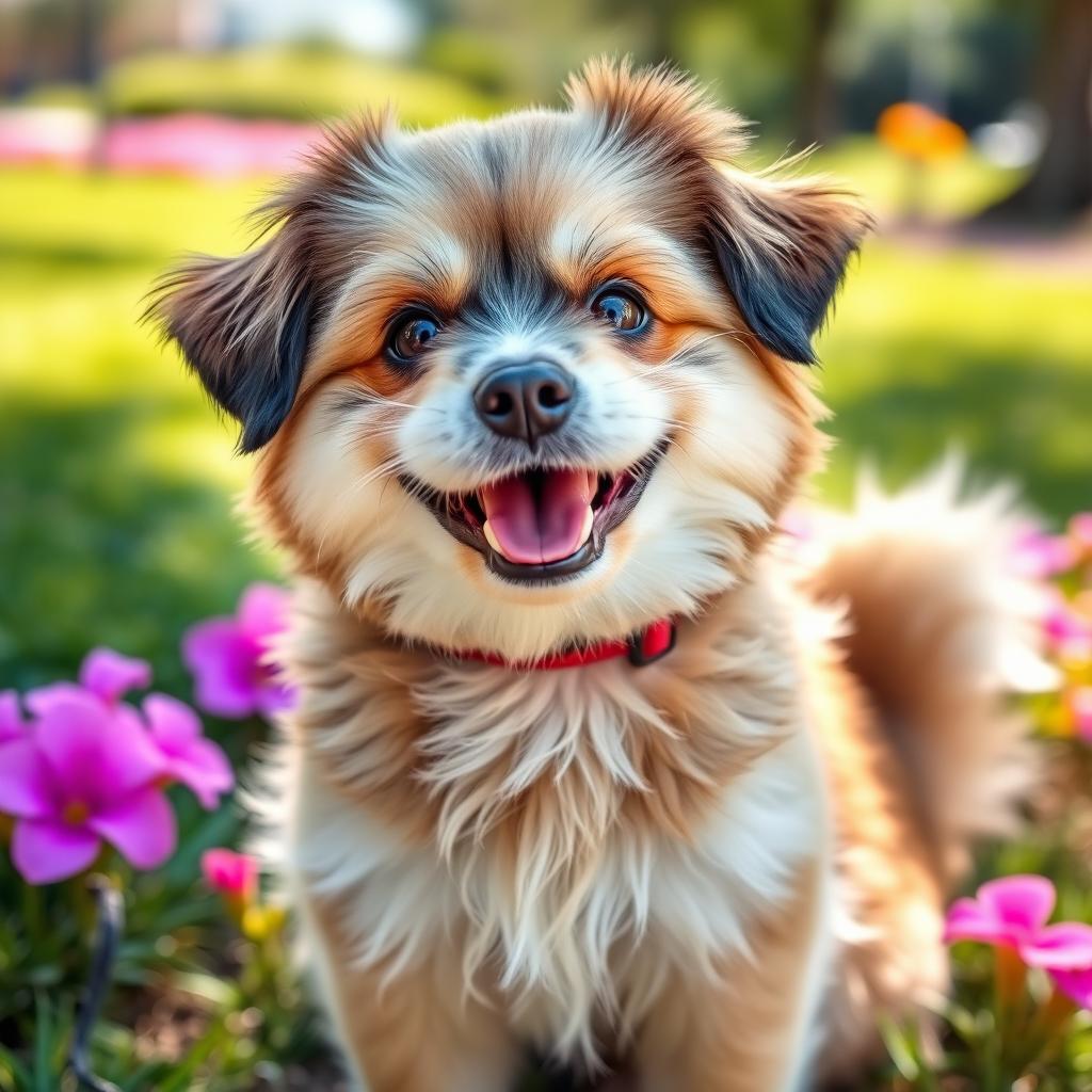 A medium-sized cute dog named Ringo, with fluffy fur, big expressive eyes, and a playful demeanor