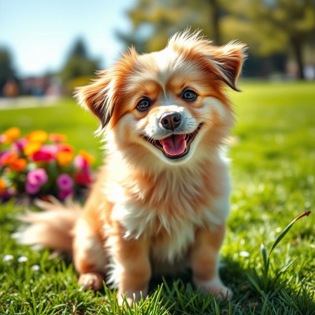 A medium-sized cute dog named Ringo, with fluffy fur, big expressive eyes, and a playful demeanor