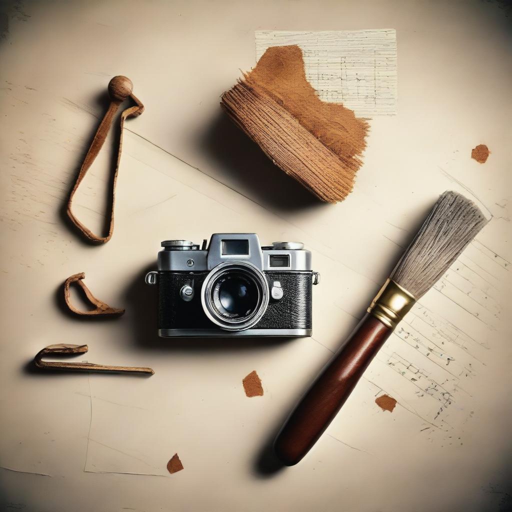 A paintbrush, a musical note, and a vintage camera artistically arranged.