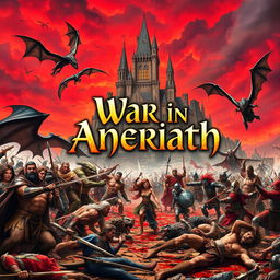 A large medieval fantasy battle scene in the background, featuring a majestic castle looming over the chaotic landscape