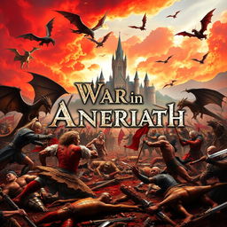 A large medieval fantasy battle scene in the background, featuring a majestic castle looming over the chaotic landscape