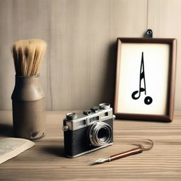 A paintbrush, a musical note, and a vintage camera artistically arranged.