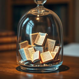 A collection of miniature books, each filled with intricate illustrations and tiny text, displayed inside a glass bell jar