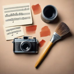 A paintbrush, a musical note, and a vintage camera artistically arranged.