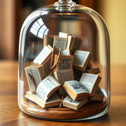 A collection of miniature books, each filled with intricate illustrations and tiny text, displayed inside a glass bell jar