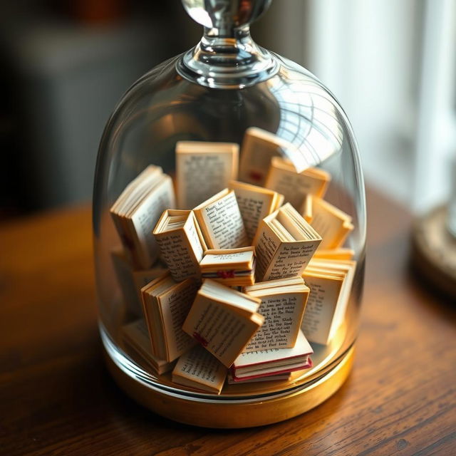 A collection of miniature books, each filled with intricate illustrations and tiny text, displayed inside a glass bell jar