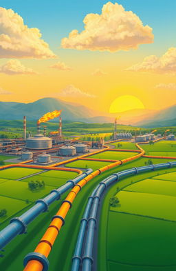 A detailed illustration of a fuel gas landscape, featuring various natural gas pipelines seamlessly intertwined with vibrant industrial scenery